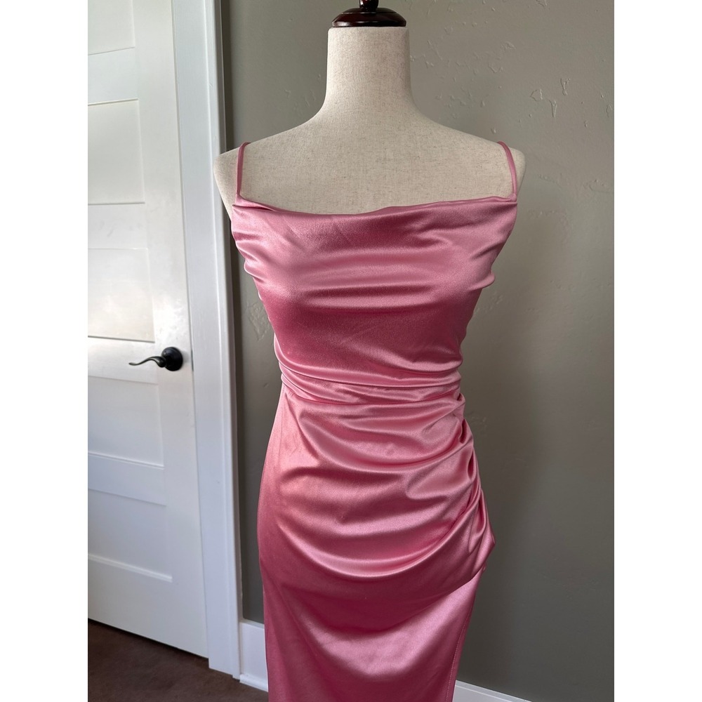 New B.Darlin Formal Gown Sz 5/6 Pink Satin Cowl Neck Ruched Slit Floor Length - Picture 5 of 14